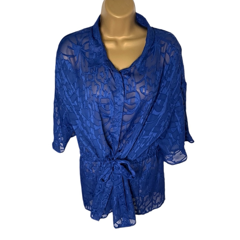 Marc New York Andrew Marc Sheer Blouse Tie Front Collared Floral Blue XL